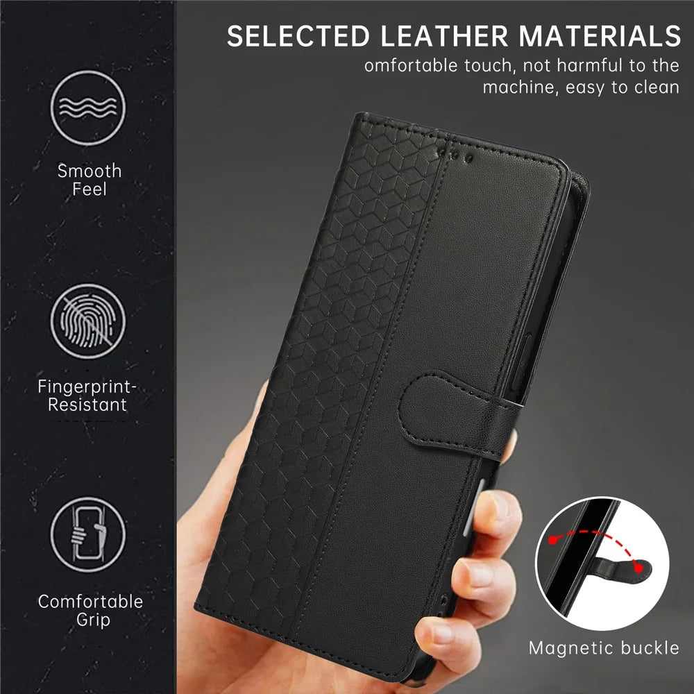 For iPhone 15 Pro Case 3D Rhombus Grid Imprinted Wallet Leather Phone Cover with Lanyard - Black - 6