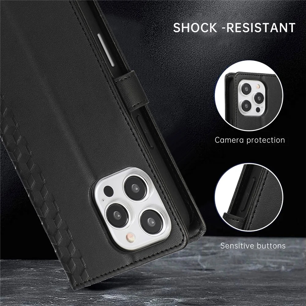 For iPhone 15 Pro Case 3D Rhombus Grid Imprinted Wallet Leather Phone Cover with Lanyard - Black - 7
