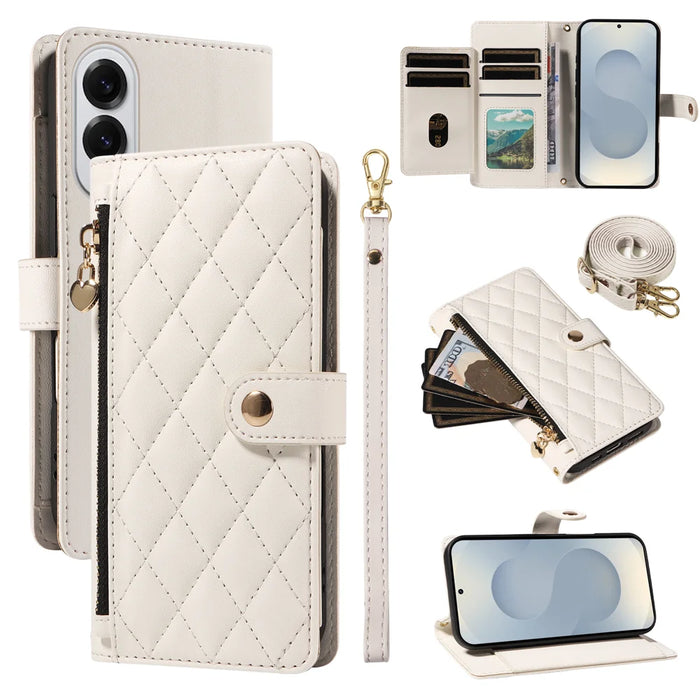 For Samsung Galaxy S25 Edge Wallet Case with Straps, Rhombus Leather Stand Phone Cover - White - 1