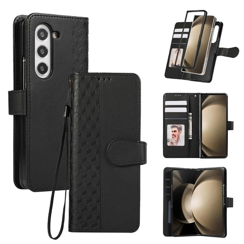 For Samsung Galaxy Z Fold6 5G Case 3D Rhombus Grid Imprinted Wallet Leather Phone Cover with Lanyard - Black - 1