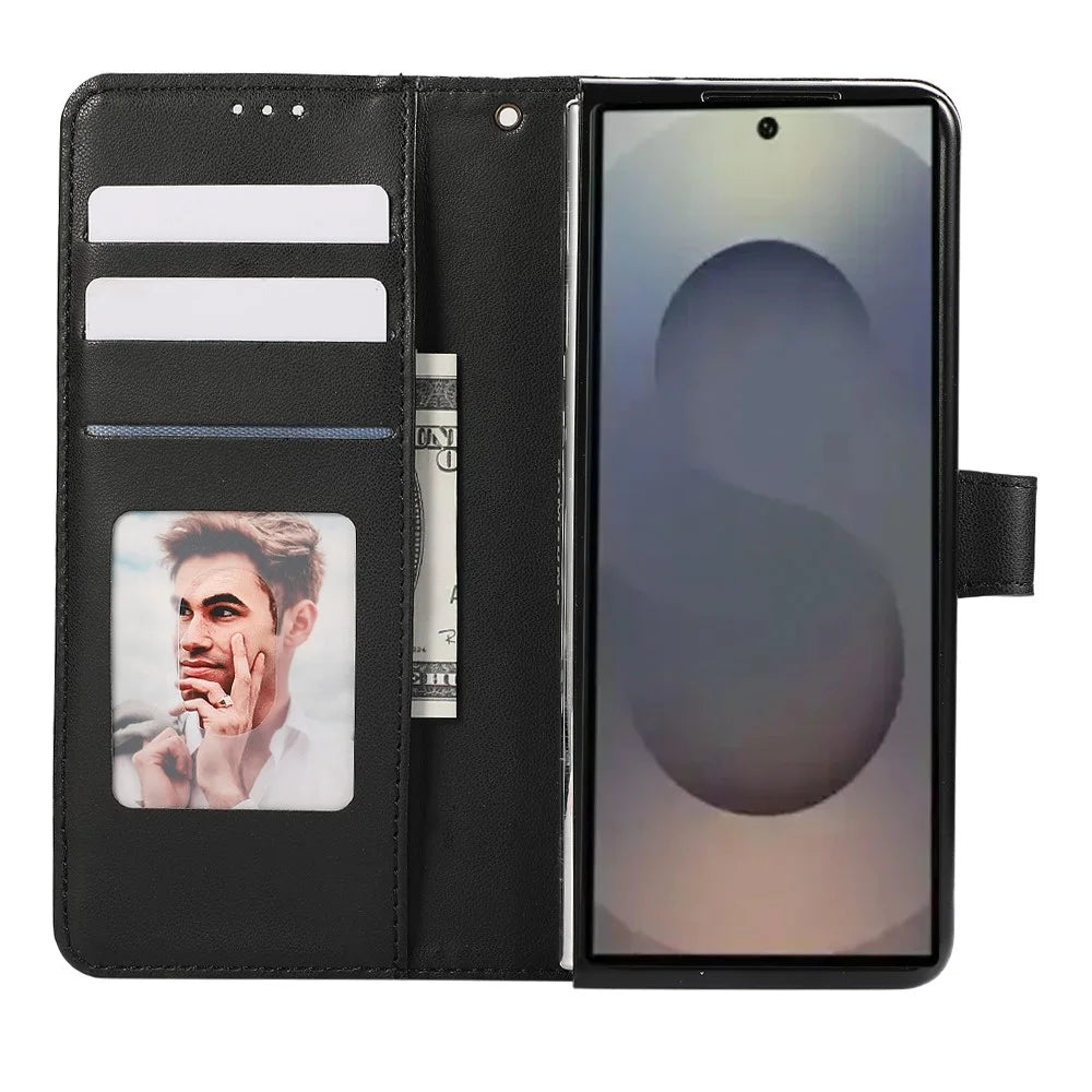 For Samsung Galaxy Z Fold6 5G Case 3D Rhombus Grid Imprinted Wallet Leather Phone Cover with Lanyard - Black - 2