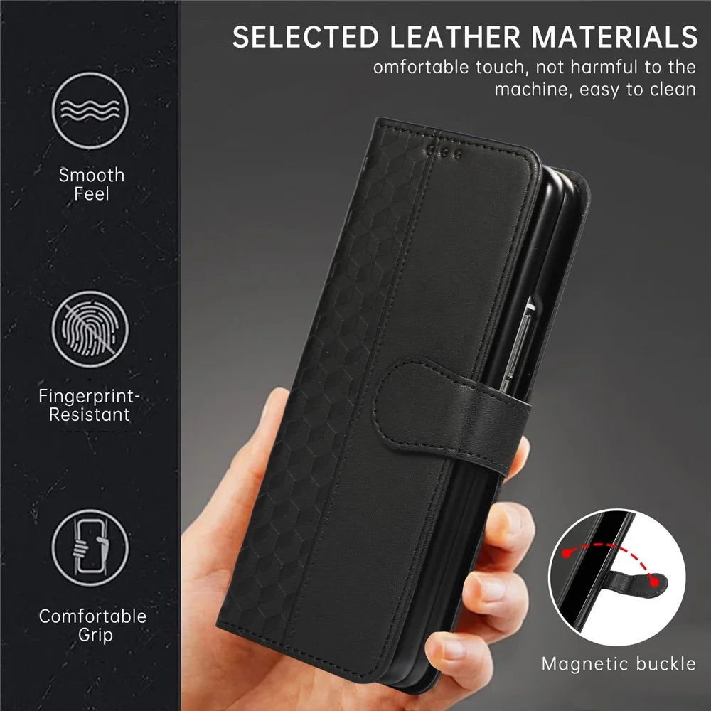 For Samsung Galaxy Z Fold6 5G Case 3D Rhombus Grid Imprinted Wallet Leather Phone Cover with Lanyard - Black - 5