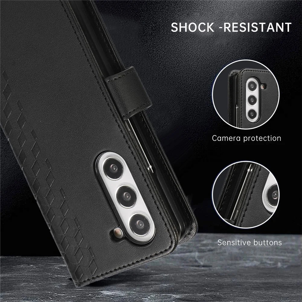 For Samsung Galaxy Z Fold6 5G Case 3D Rhombus Grid Imprinted Wallet Leather Phone Cover with Lanyard - Black - 6