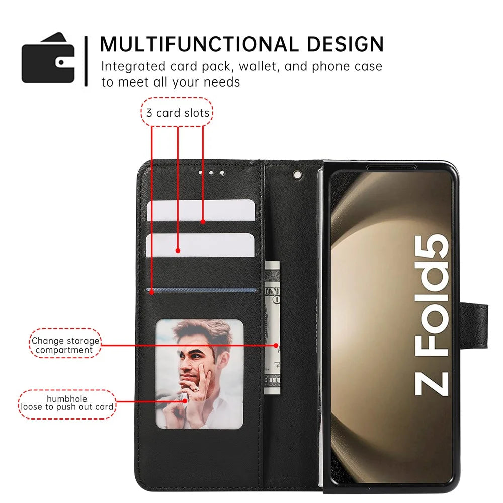 For Samsung Galaxy Z Fold6 5G Case 3D Rhombus Grid Imprinted Wallet Leather Phone Cover with Lanyard - Black - 7