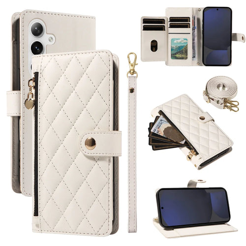 For Samsung Galaxy S24 FE Wallet Case with Straps, Rhombus Leather Stand Phone Cover - White - 1