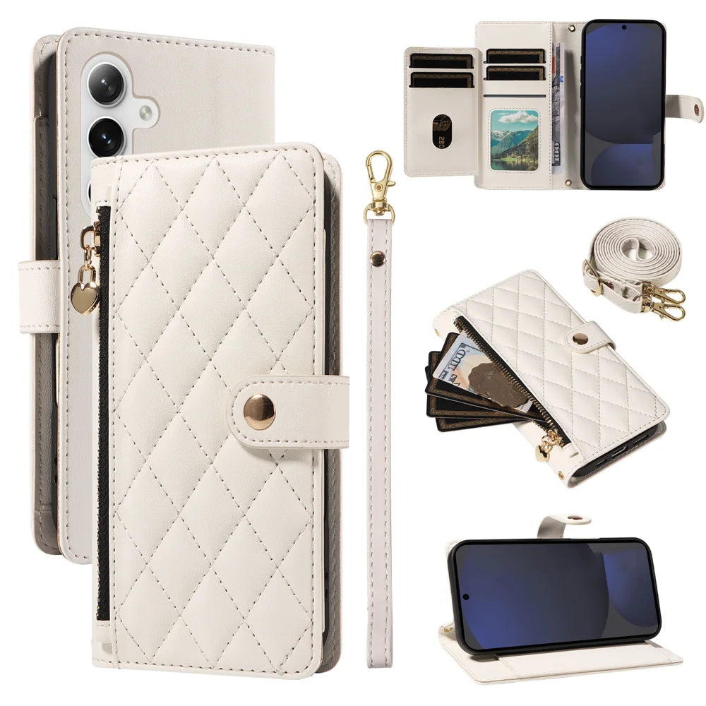 For Samsung Galaxy S24 FE Wallet Case with Straps, Rhombus Leather Stand Phone Cover - White - 1