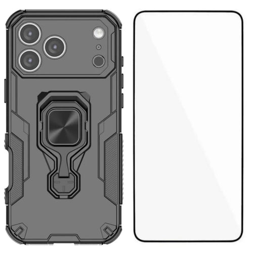 WANLONFENG For iPhone 17 Pro Phone Case  PC TPU Back Cover Kickstand with Tempered Glass - Black - 1