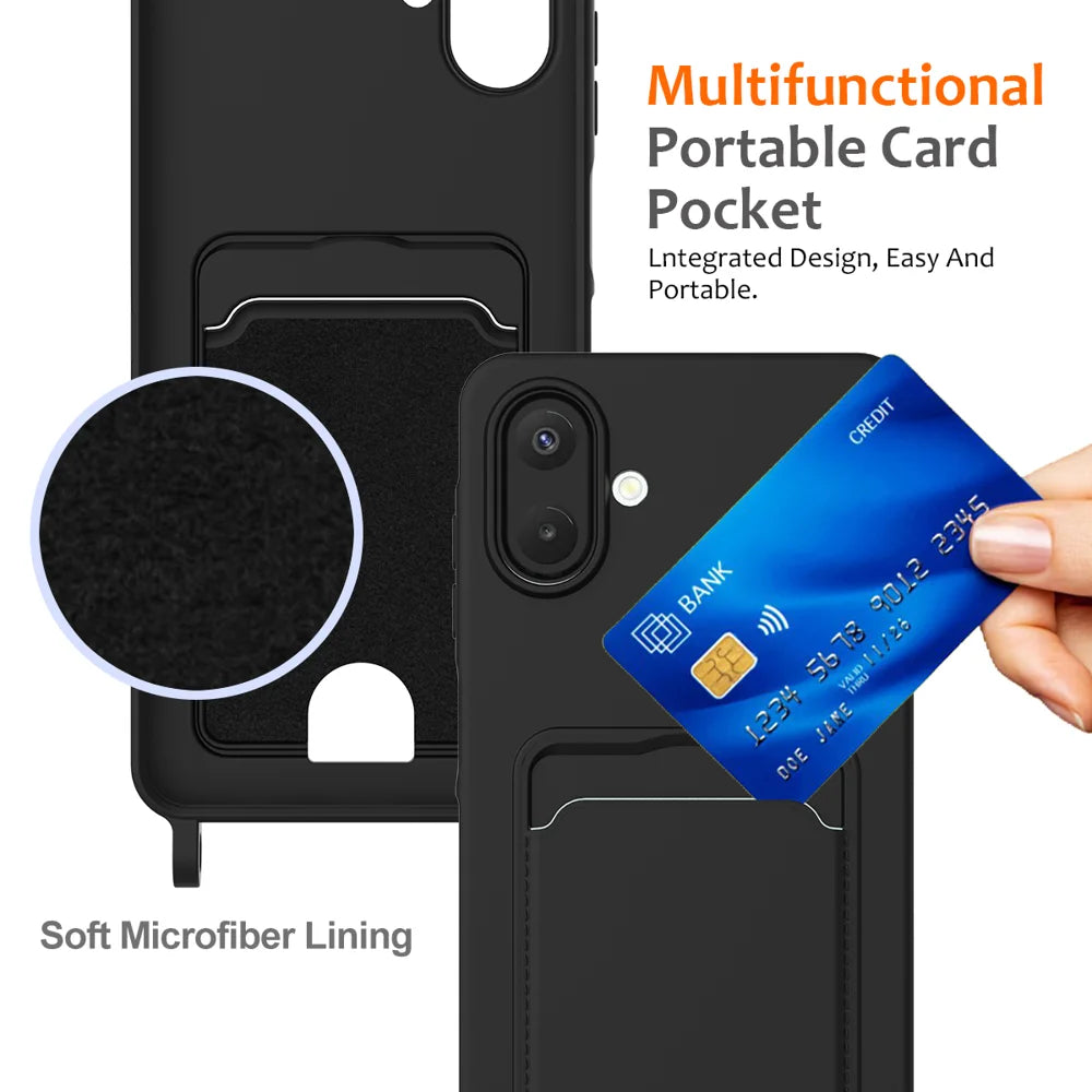 For Samsung Galaxy A08 4G / A08 5G / F07 4G / M17e 5G / M07 4G / A07 5G / A07 4G Case Liquid Silicone Card Holder Back Phone Cover with Lanyard - Black - 4