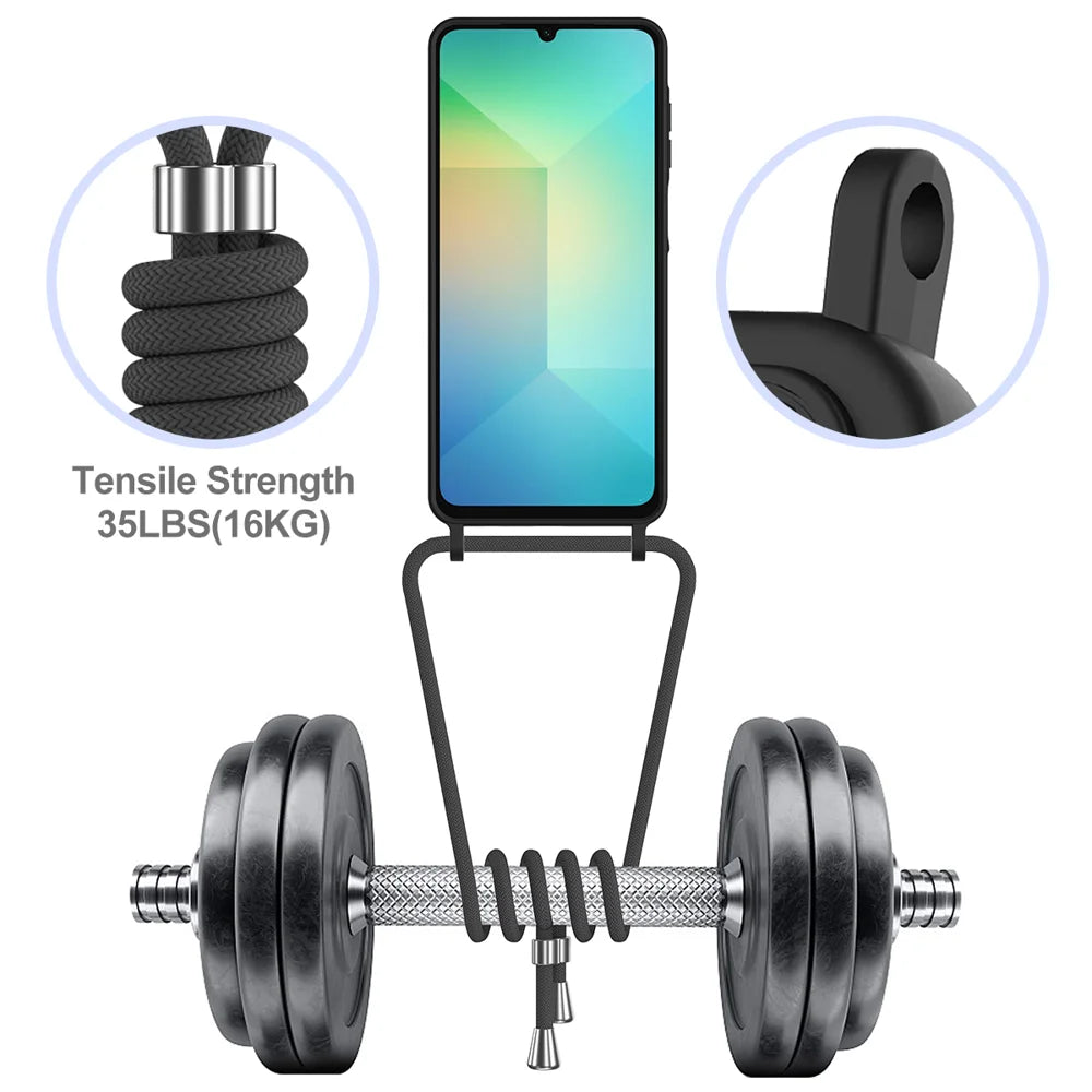For Samsung Galaxy A08 4G / A08 5G / F07 4G / M17e 5G / M07 4G / A07 5G / A07 4G Case Liquid Silicone Card Holder Back Phone Cover with Lanyard - Black - 6