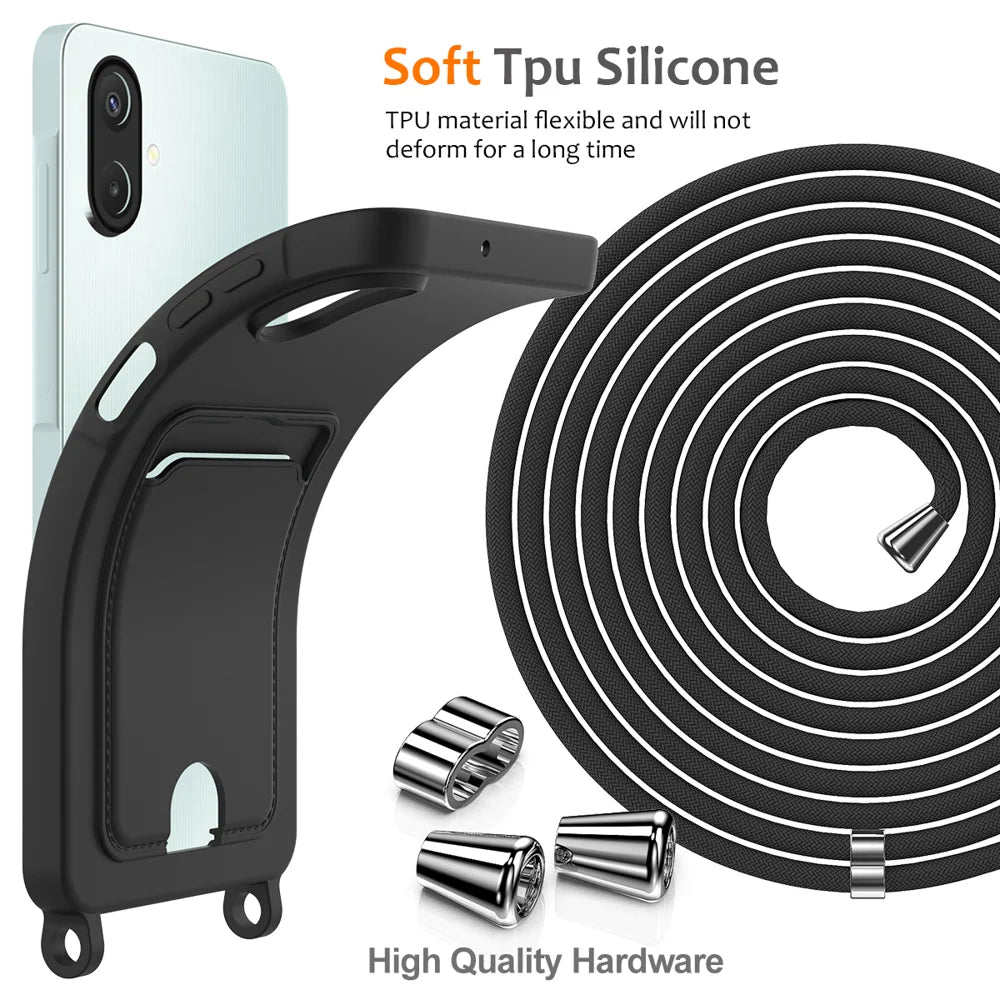 For Samsung Galaxy A08 4G / A08 5G / F07 4G / M17e 5G / M07 4G / A07 5G / A07 4G Case Liquid Silicone Card Holder Back Phone Cover with Lanyard - Black - 7