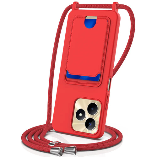 For Realme Narzo N53 4G / Realme C53 (India) / Realme C53 (Global) / Realme C51 / Realme Note 50 4G Case Liquid Silicone Card Holder Back Phone Cover with Lanyard - Red - 1