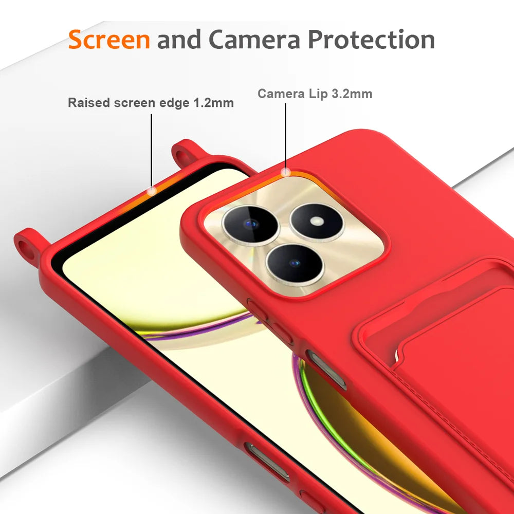 For Realme Narzo N53 4G / Realme C53 (India) / Realme C53 (Global) / Realme C51 / Realme Note 50 4G Case Liquid Silicone Card Holder Back Phone Cover with Lanyard - Red - 5