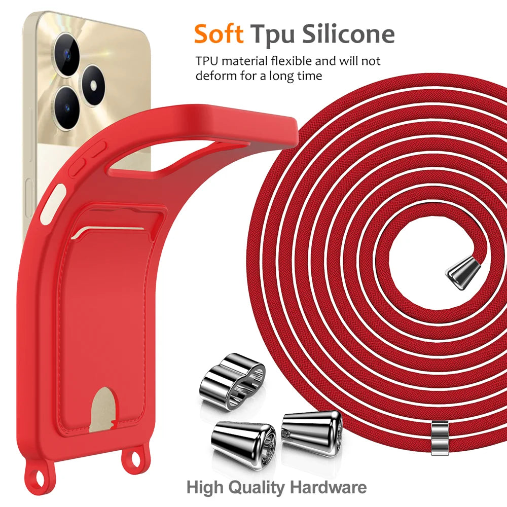 For Realme Narzo N53 4G / Realme C53 (India) / Realme C53 (Global) / Realme C51 / Realme Note 50 4G Case Liquid Silicone Card Holder Back Phone Cover with Lanyard - Red - 7