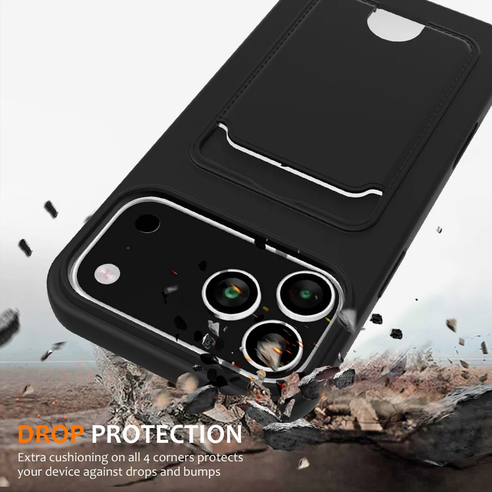 For iPhone 18 Pro Max / 17 Pro Max Case Liquid Silicone Card Holder Back Phone Cover with Lanyard - Black - 2