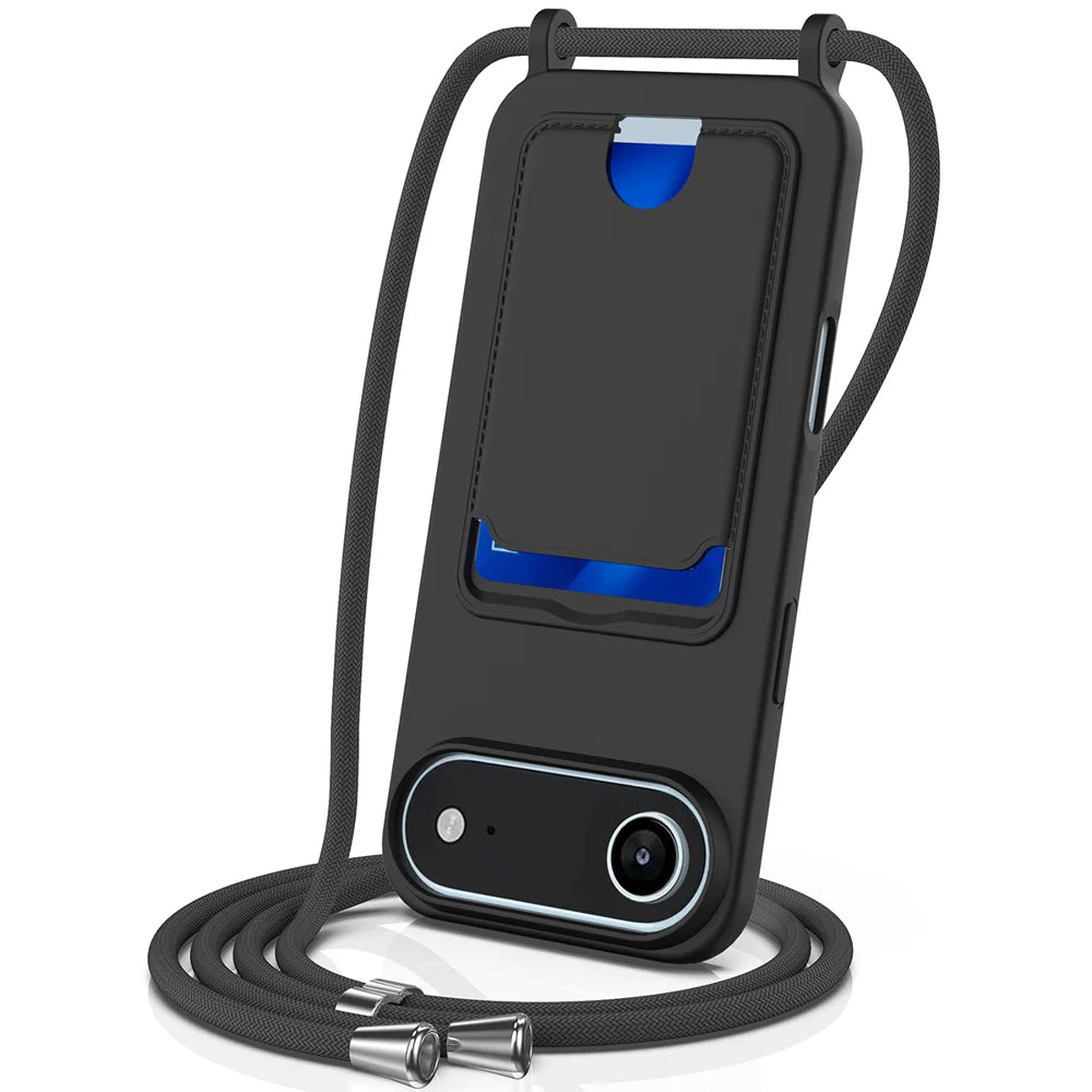 For iPhone Air Case Liquid Silicone Card Holder Back Phone Cover with Lanyard - Black - 1