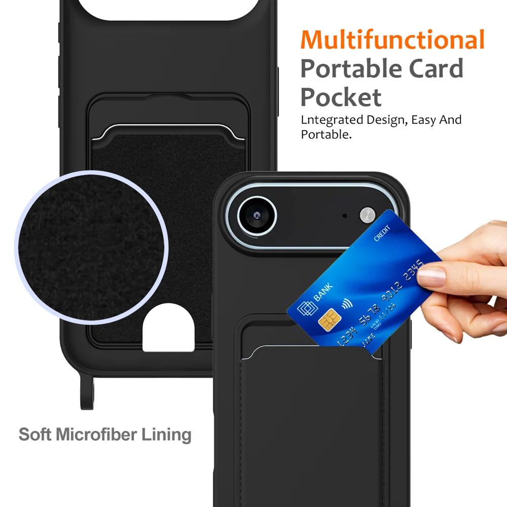 For iPhone Air Case Liquid Silicone Card Holder Back Phone Cover with Lanyard - Black - 4