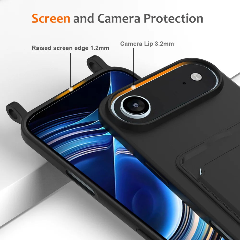 For iPhone Air Case Liquid Silicone Card Holder Back Phone Cover with Lanyard - Black - 5