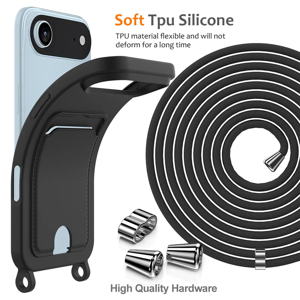 For iPhone Air Case Liquid Silicone Card Holder Back Phone Cover with Lanyard - Black - 7
