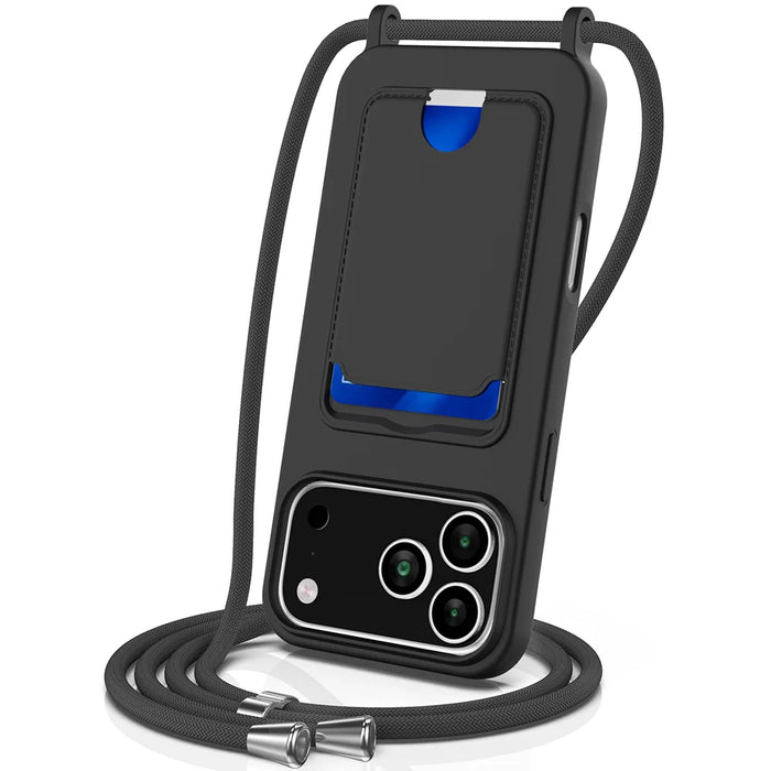 For iPhone 18 Pro / 17 Pro Case Liquid Silicone Card Holder Back Phone Cover with Lanyard - Black - 1