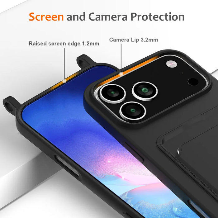 For iPhone 18 Pro / 17 Pro Case Liquid Silicone Card Holder Back Phone Cover with Lanyard - Black - 5
