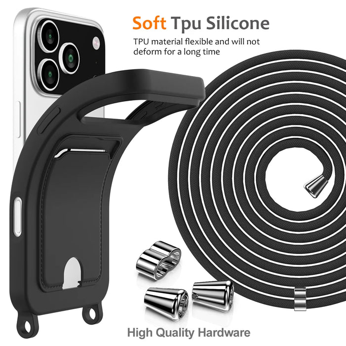 For iPhone 18 Pro / 17 Pro Case Liquid Silicone Card Holder Back Phone Cover with Lanyard - Black - 7
