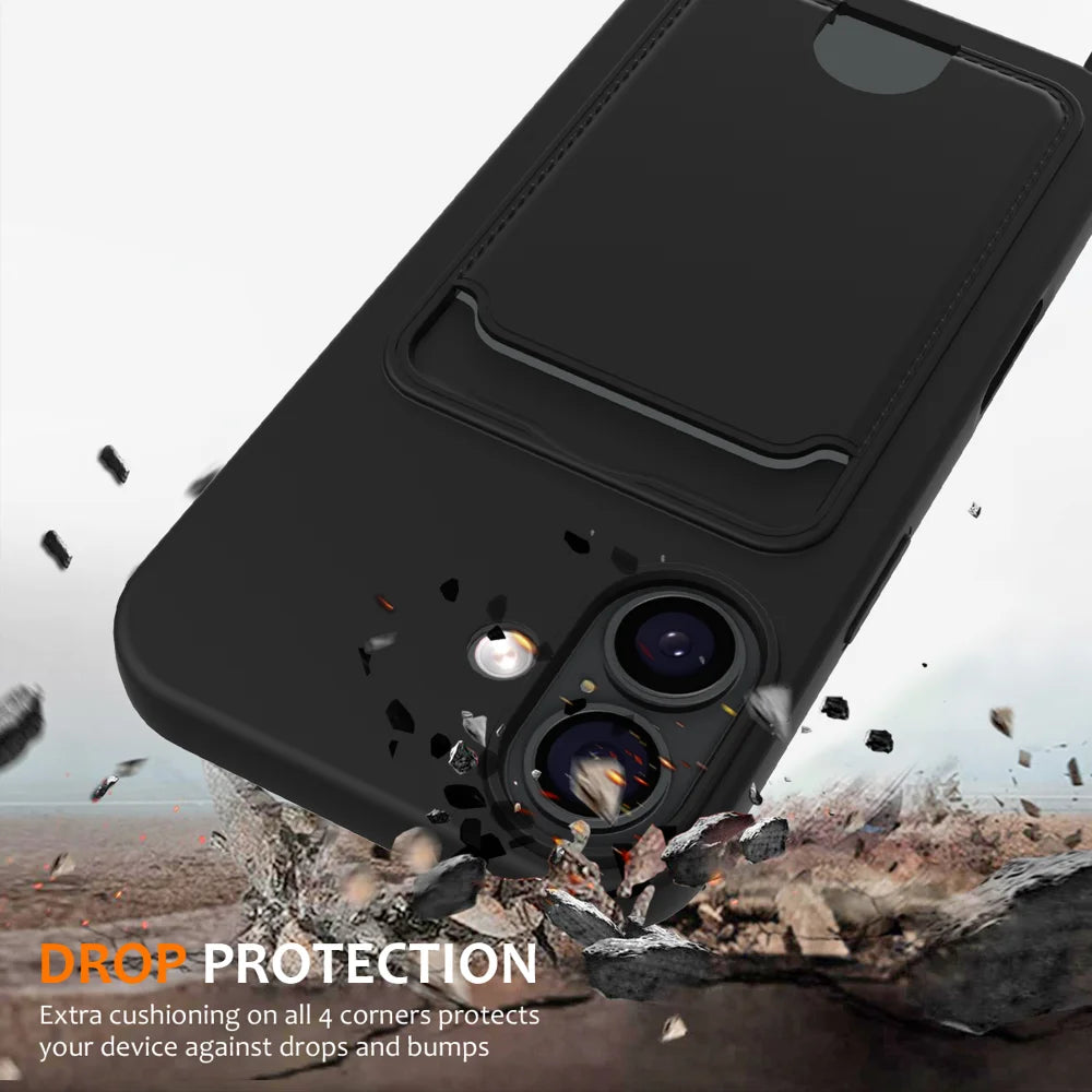 For iPhone 17 Case Liquid Silicone Card Holder Back Phone Cover with Lanyard - Black - 2