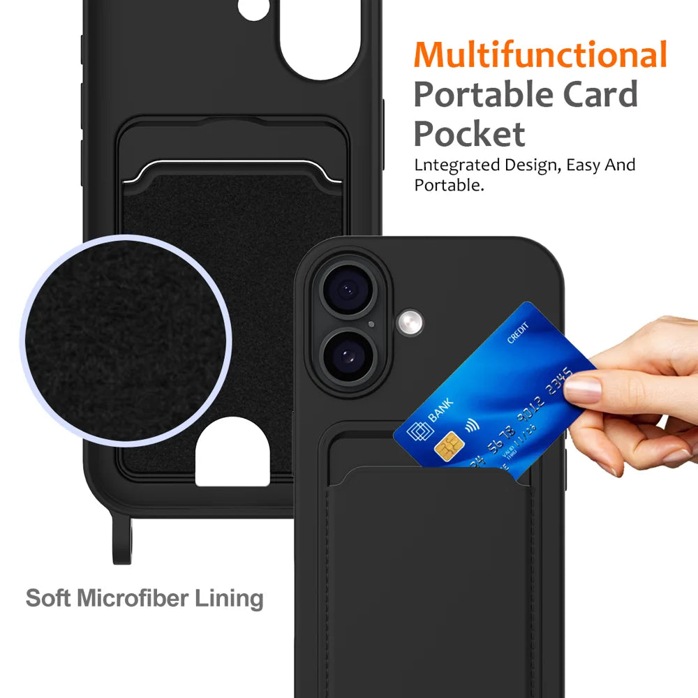 For iPhone 17 Case Liquid Silicone Card Holder Back Phone Cover with Lanyard - Black - 4