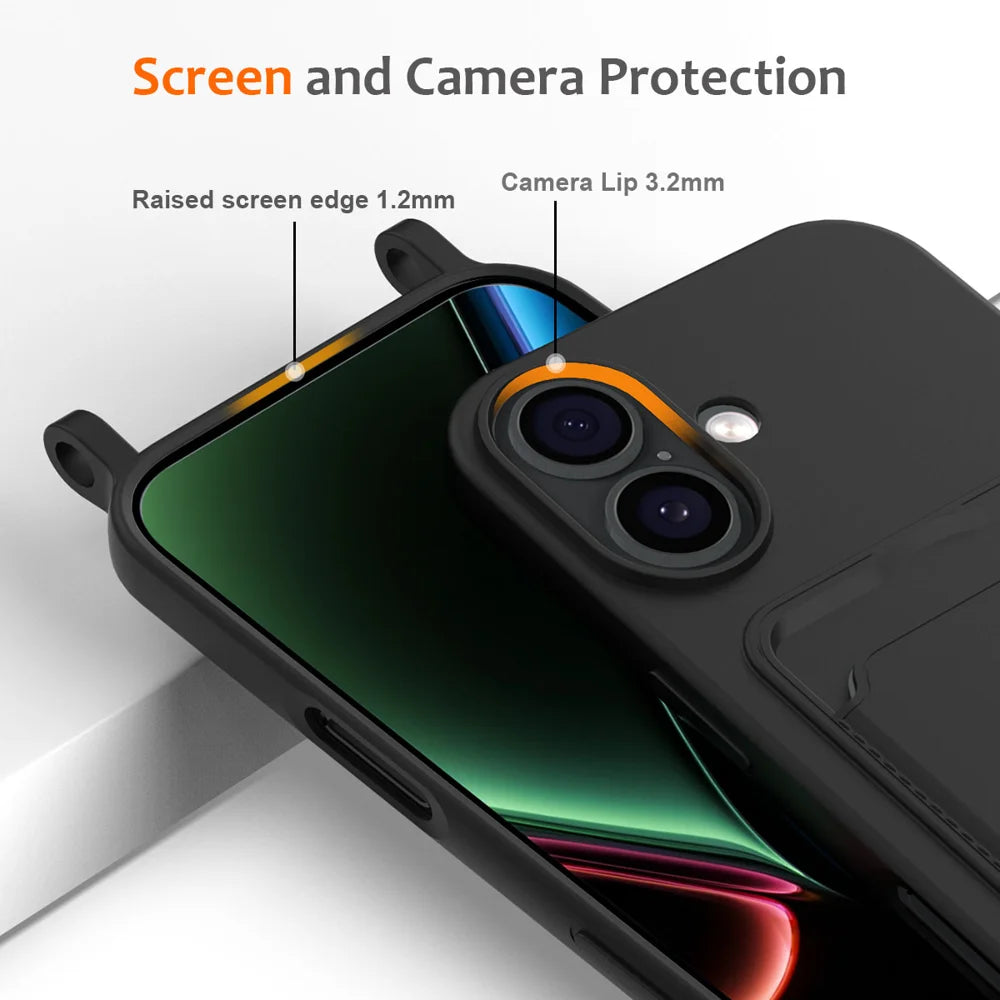 For iPhone 17 Case Liquid Silicone Card Holder Back Phone Cover with Lanyard - Black - 5
