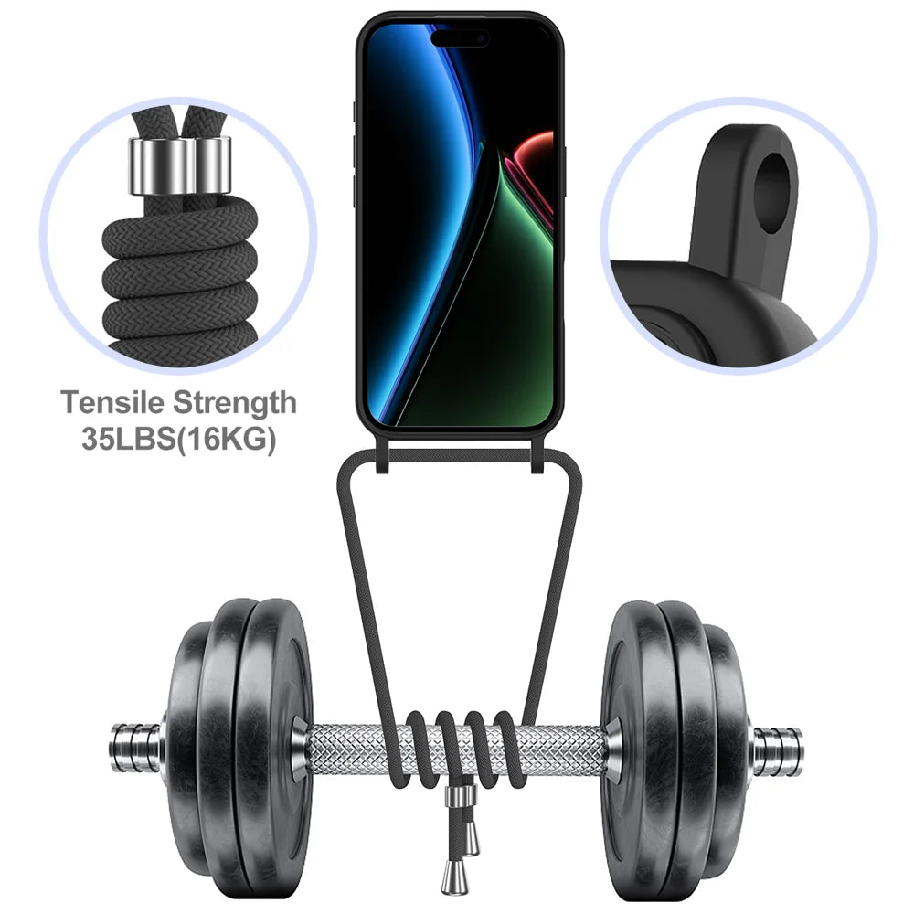 For iPhone 17 Case Liquid Silicone Card Holder Back Phone Cover with Lanyard - Black - 6