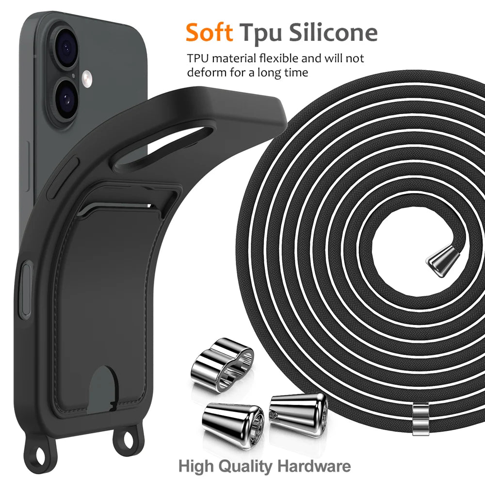 For iPhone 17 Case Liquid Silicone Card Holder Back Phone Cover with Lanyard - Black - 7