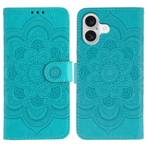 For iPhone 17 Case PU Leather Mandala Imprinted Design Wallet Phone Cover with Wrist Strap - Blue - 1