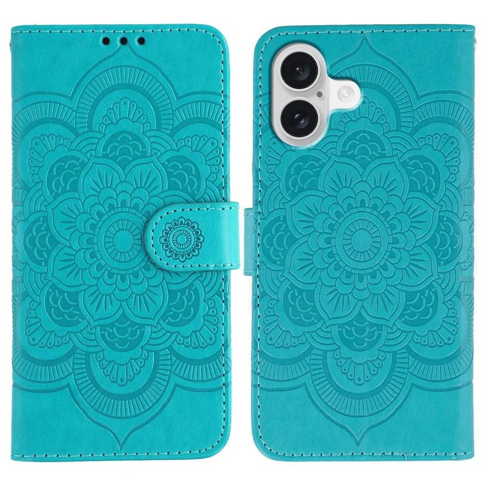 For iPhone 17 Case PU Leather Mandala Imprinted Design Wallet Phone Cover with Wrist Strap - Blue - 1