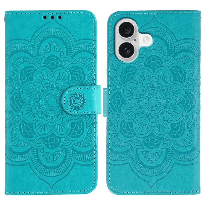 For iPhone 17 Case PU Leather Mandala Imprinted Design Wallet Phone Cover with Wrist Strap - Blue - 1