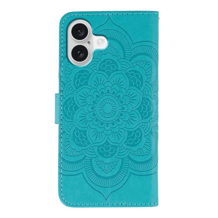For iPhone 17 Case PU Leather Mandala Imprinted Design Wallet Phone Cover with Wrist Strap - Blue - 5