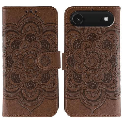 For iPhone Air Case PU Leather Mandala Imprinted Design Wallet Phone Cover with Wrist Strap - Brown - 1