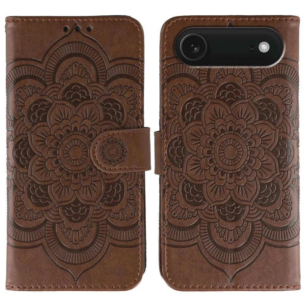 For iPhone Air Case PU Leather Mandala Imprinted Design Wallet Phone Cover with Wrist Strap - Brown - 1