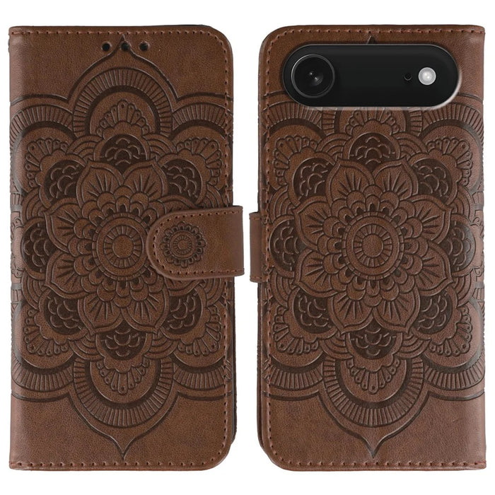 For iPhone Air Case PU Leather Mandala Imprinted Design Wallet Phone Cover with Wrist Strap - Brown - 1