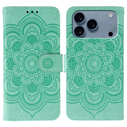 For iPhone 18 Pro / 17 Pro Case PU Leather Mandala Imprinted Design Wallet Phone Cover with Wrist Strap - Green - 1