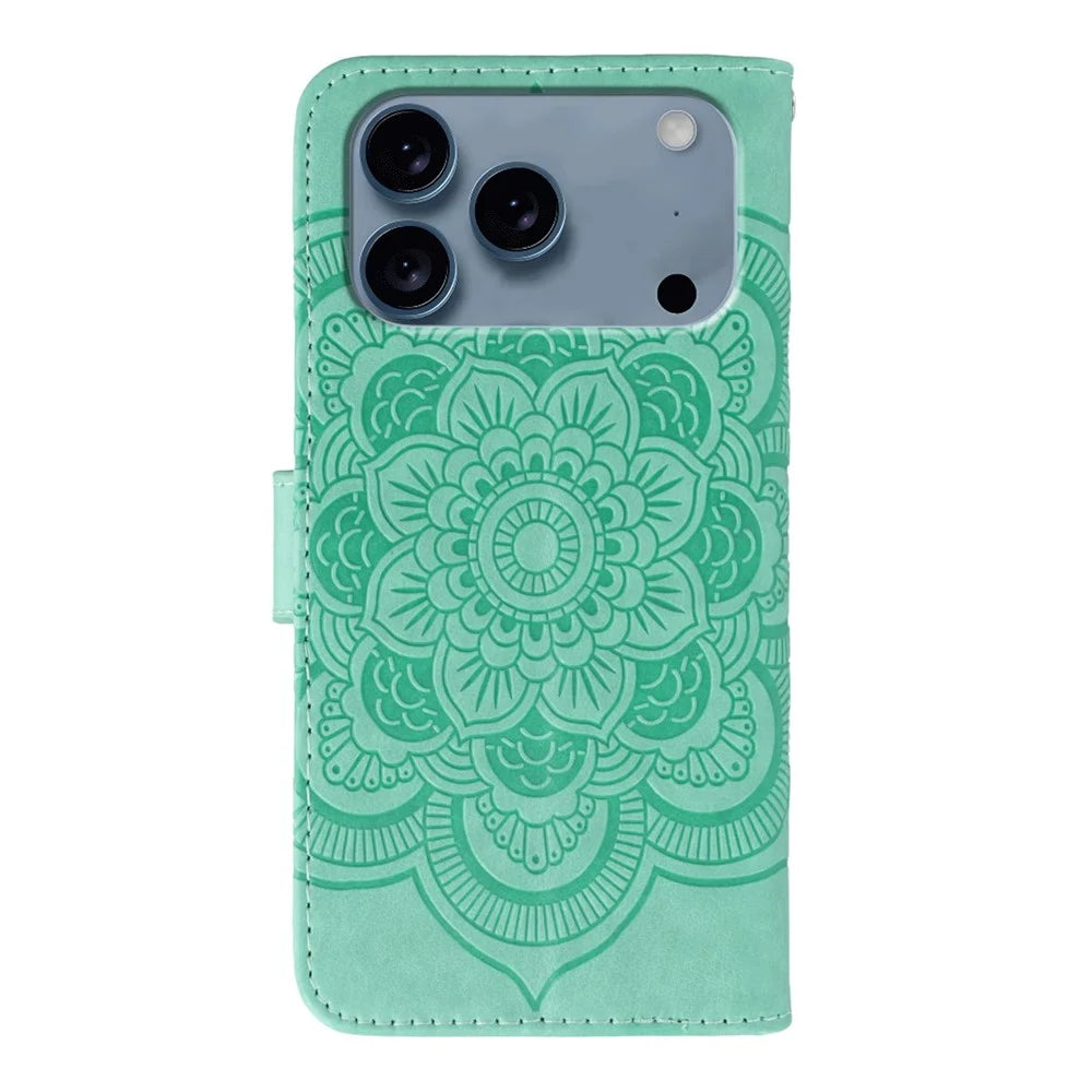 For iPhone 18 Pro / 17 Pro Case PU Leather Mandala Imprinted Design Wallet Phone Cover with Wrist Strap - Green - 5