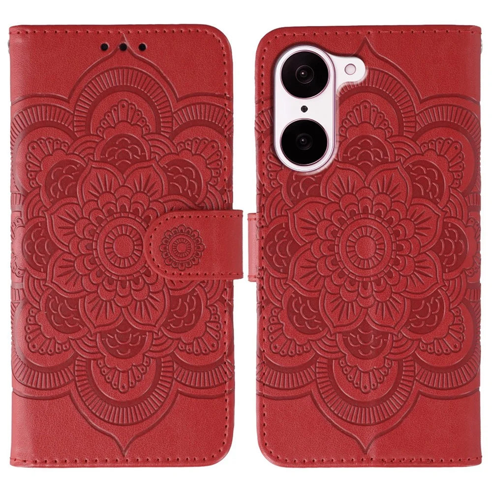 For OnePlus Nord CE5 5G  /  Ace 5 Racing 5G Case PU Leather Mandala Imprinted Design Wallet Phone Cover with Wrist Strap - Red - 1
