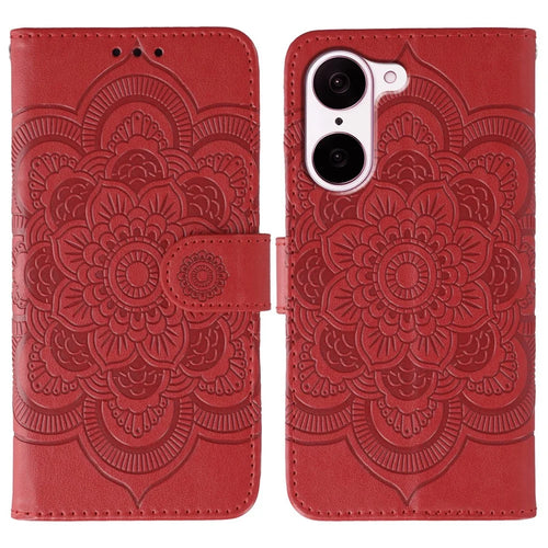 For OnePlus Nord CE5 5G  /  Ace 5 Racing 5G Case PU Leather Mandala Imprinted Design Wallet Phone Cover with Wrist Strap - Red - 1