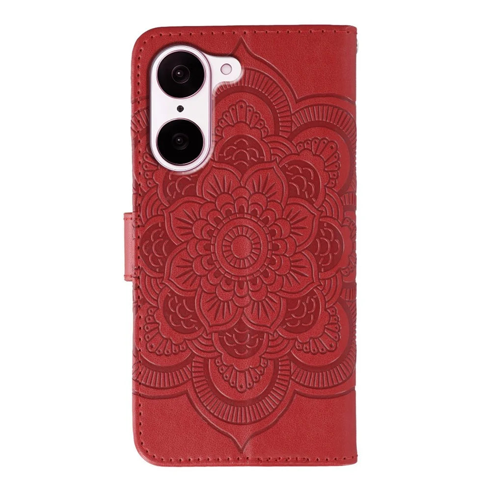For OnePlus Nord CE5 5G  /  Ace 5 Racing 5G Case PU Leather Mandala Imprinted Design Wallet Phone Cover with Wrist Strap - Red - 5