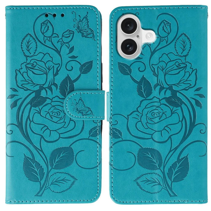 For iPhone 17 Case Wallet Stand Imprinted Rose Butterfly PU Leather Phone Cover - Blue - 1