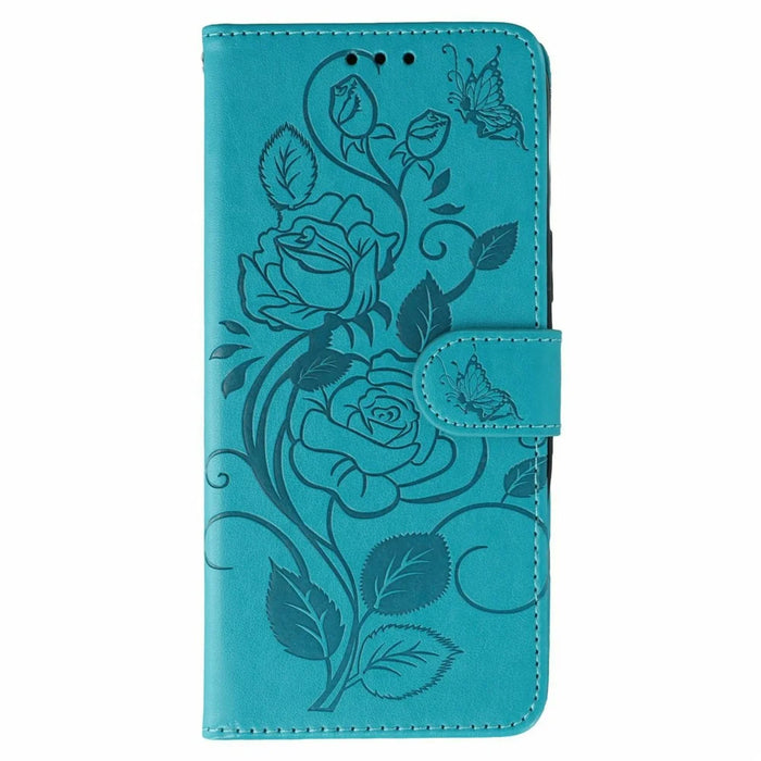For iPhone 17 Case Wallet Stand Imprinted Rose Butterfly PU Leather Phone Cover - Blue - 4