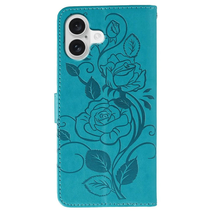 For iPhone 17 Case Wallet Stand Imprinted Rose Butterfly PU Leather Phone Cover - Blue - 5