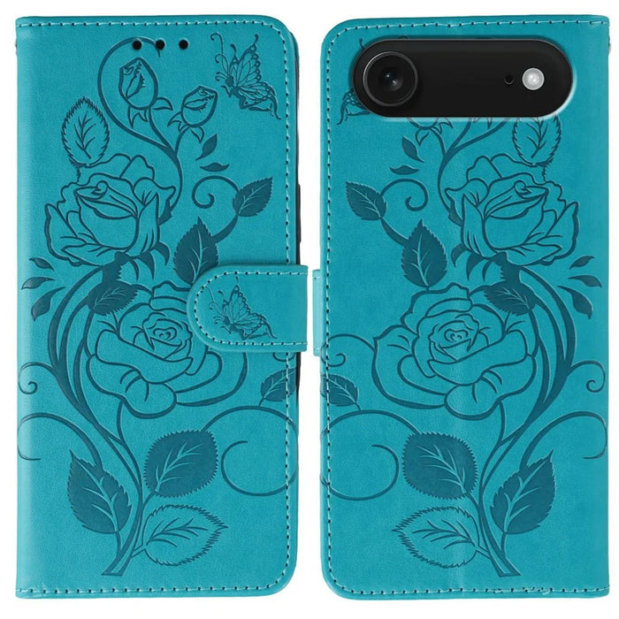 For iPhone Air Case Wallet Stand Imprinted Rose Butterfly PU Leather Phone Cover - Blue - 1