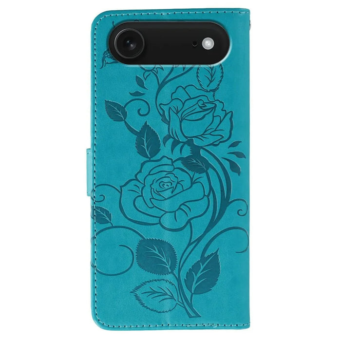 For iPhone Air Case Wallet Stand Imprinted Rose Butterfly PU Leather Phone Cover - Blue - 5