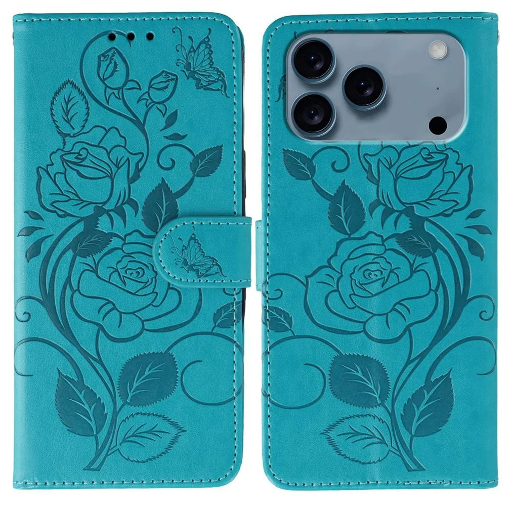 For iPhone 18 Pro / 17 Pro Case Wallet Stand Imprinted Rose Butterfly PU Leather Phone Cover - Blue - 1