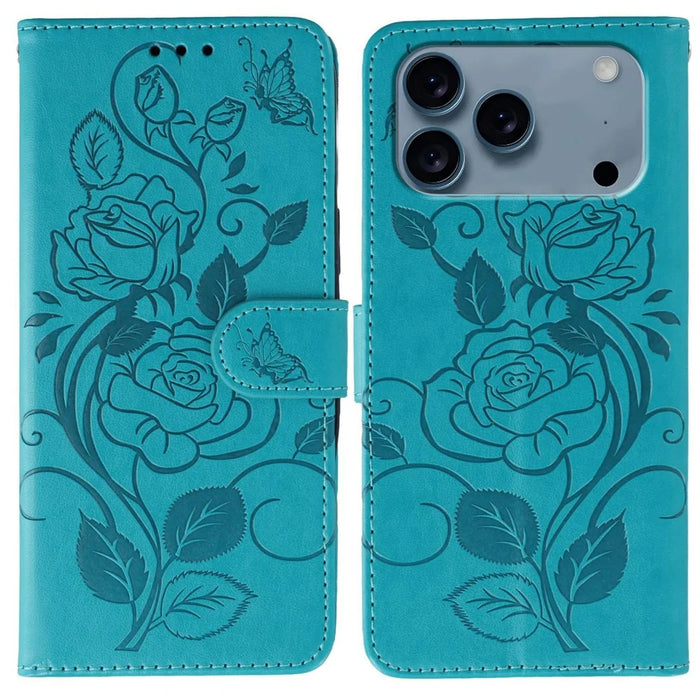 For iPhone 18 Pro / 17 Pro Case Wallet Stand Imprinted Rose Butterfly PU Leather Phone Cover - Blue - 1