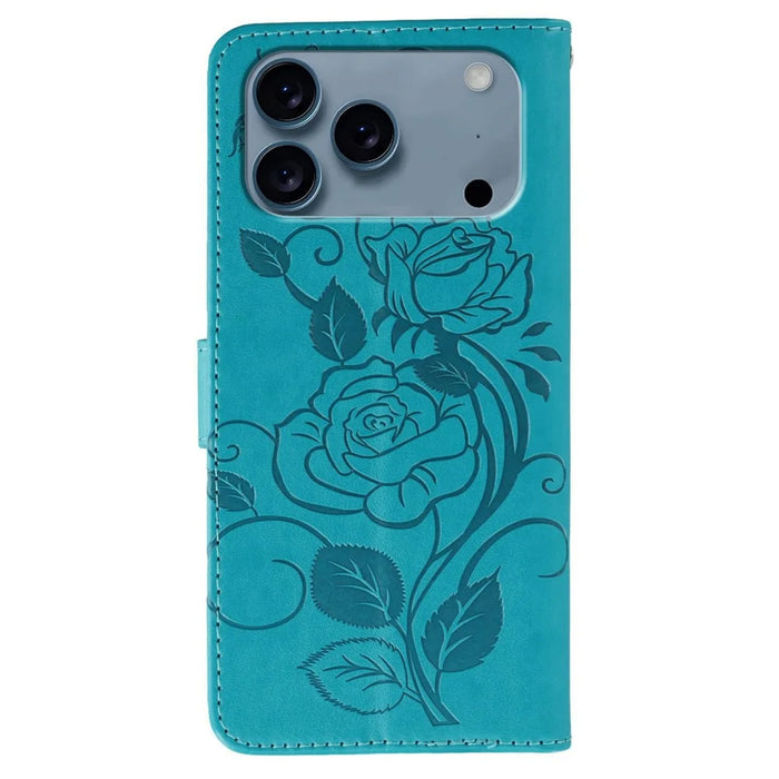 For iPhone 18 Pro Max / 17 Pro Max Case Wallet Stand Imprinted Rose Butterfly PU Leather Phone Cover - Blue - 5